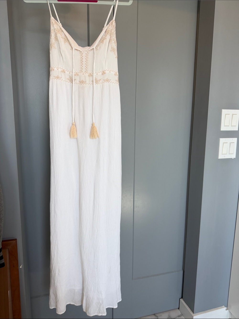 Boho Tassel Trim Cotton-Crinkle Maxi Dress in Cream